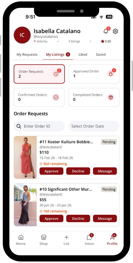 HSR lister dashboard showing order requests to approve or decline